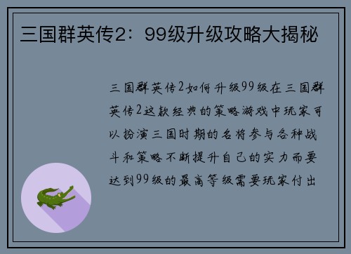 三国群英传2：99级升级攻略大揭秘